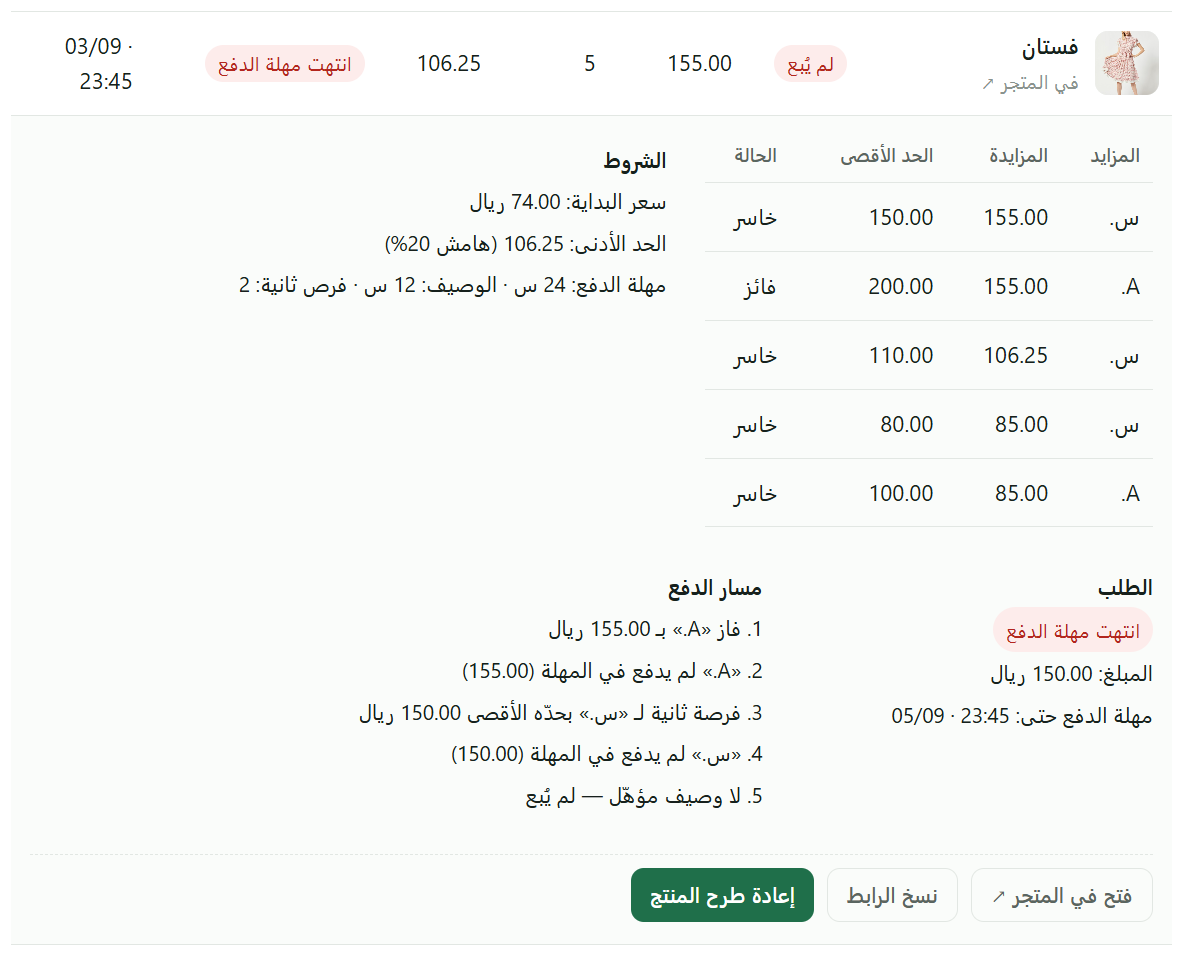 صف موسّع: سجل المزايدات، الشروط، الطلب، مسار الدفع، والإجراءات.