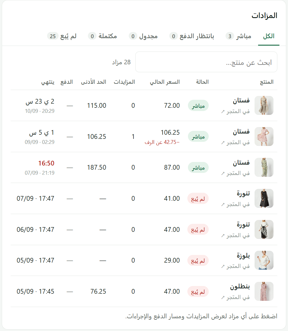 جدول المزادات: تبويبات بعدد كل حالة، بحث، وصف لكل مزاد.